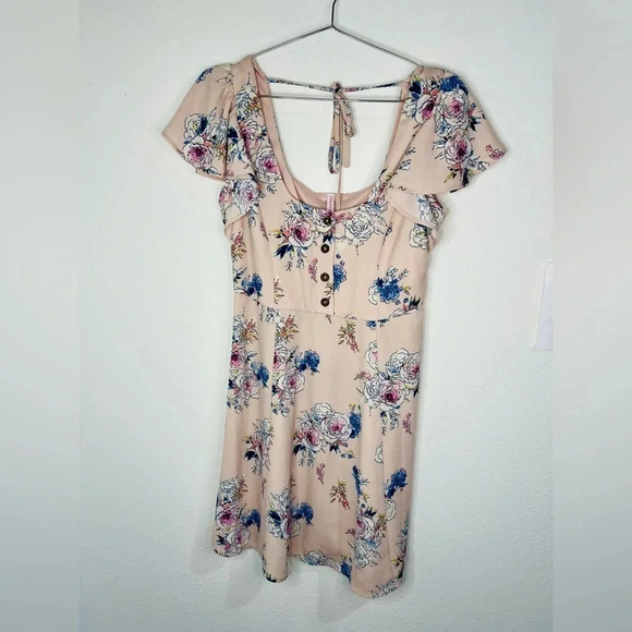 Xhiliration Floral Boho Mini Dress - Romantic Summer Essential Button Front - Picture 1 of 16